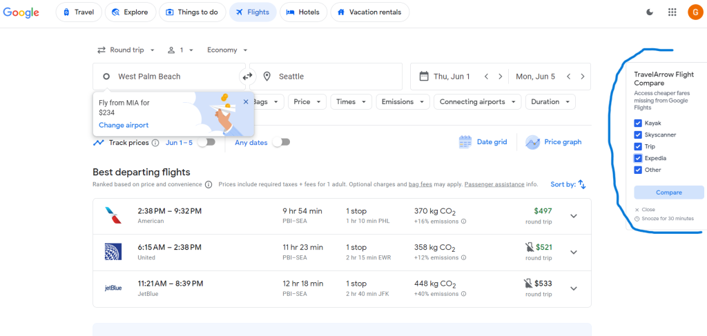 Screenshot of a Google Flights search result showing the best departing flights from West Palm Beach to Seattle with options from American, United, and JetBlue airlines, alongside a TravelArrow Flight Compare sidebar.