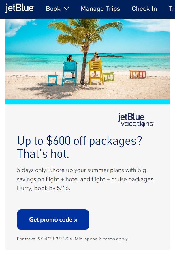 Promotional graphic from JetBlue offering up to $600 off vacation packages, featuring two people relaxing on beach chairs by the ocean.