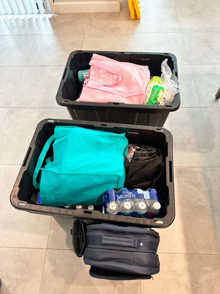 Two large storage containers filled with a variety of items for glamping, like paper plates, grocery bags filled with supplies and a pack of bottled water.