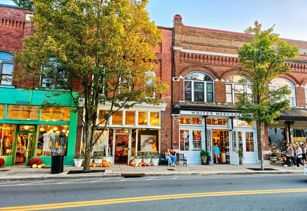 Storefronts of quaint boutiques with large windows, adorned with pumpkins and autumn decorations, along a tree-lined street.