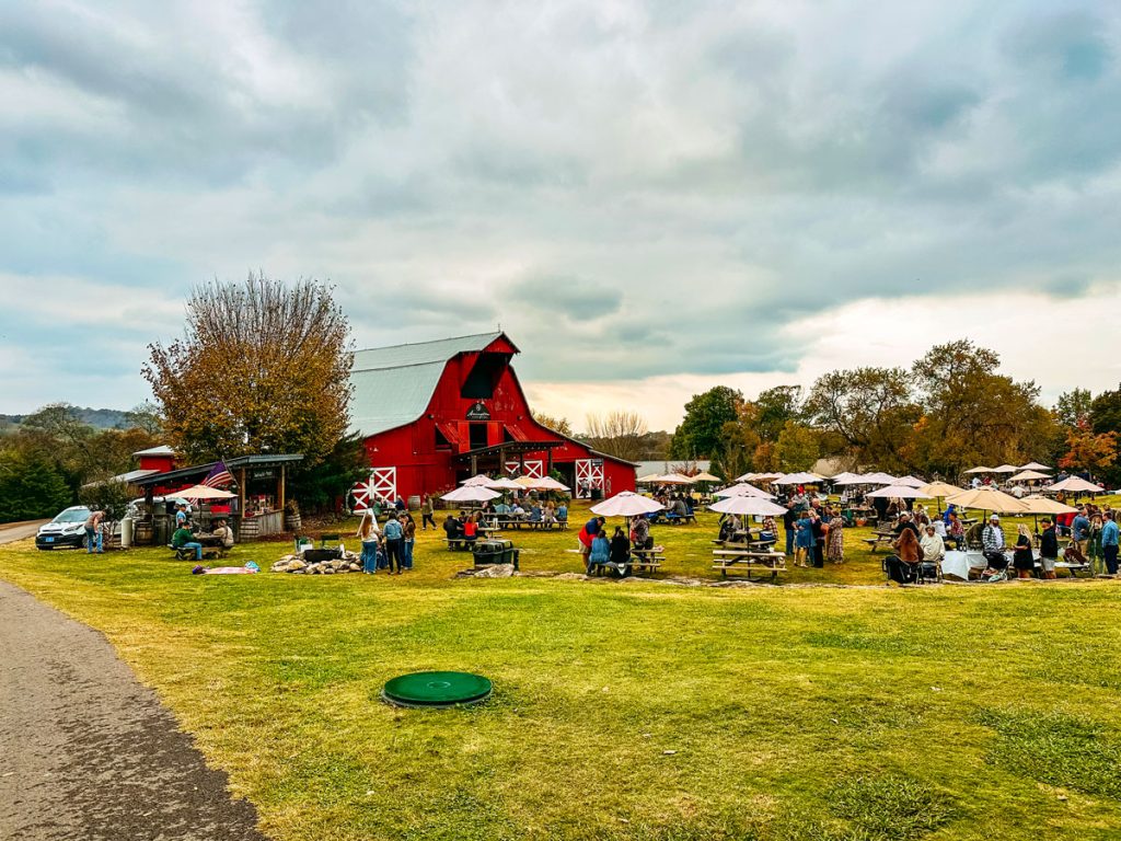 Outdoor gathering at a farm with a red barn, picnic tables under umbrellas, and people socializing on a grassy field.